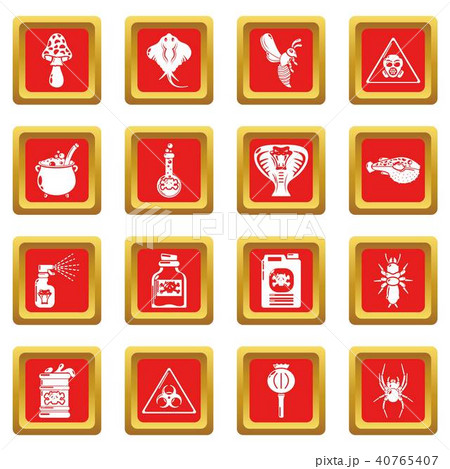 Poison danger toxic icons set red square vector 40765407