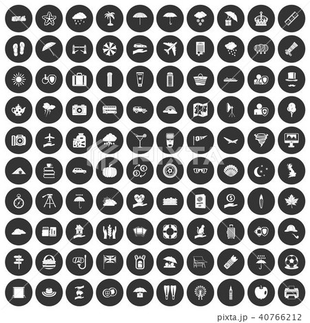 100 Umbrella Icons Set Black Circleのイラスト素材