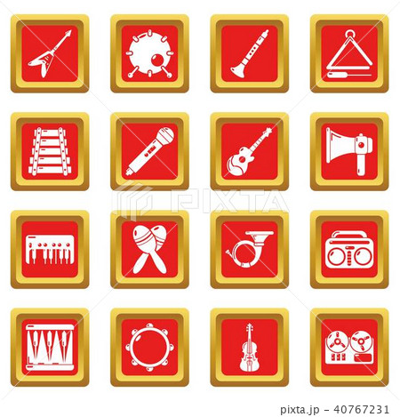 Musical instruments icons set red square vector 40767231