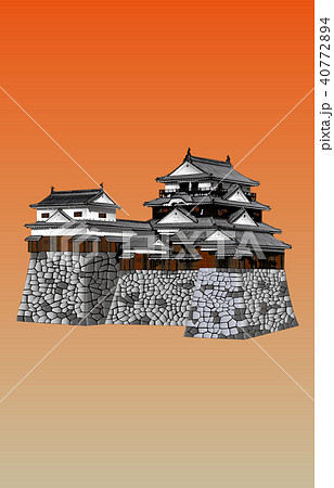 日本の城現存天守松山城夕焼けバックのイラスト素材