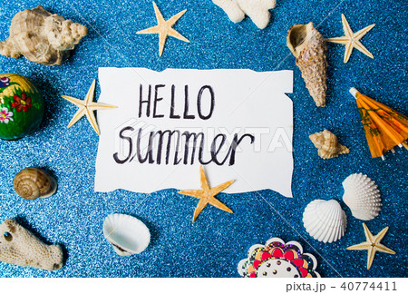 Hello summer card with seaside related objects Hello summer card with seaside related objects 40774411