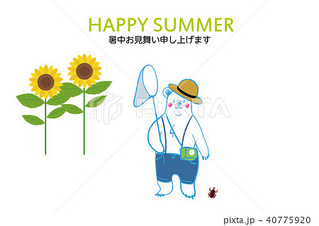 暑中お見舞葉書デザイン 横 シンプル 虫取り網を持つ可愛いシロクマのイラスト 夏イメージのイラスト素材