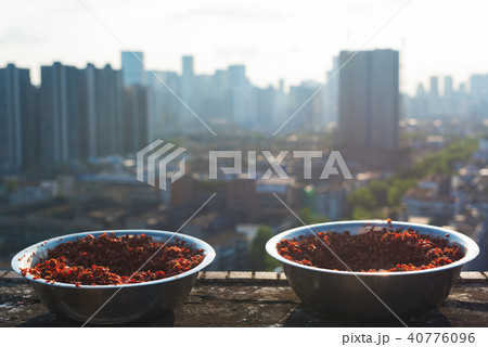Bowls of ground red pepper drying 40776096