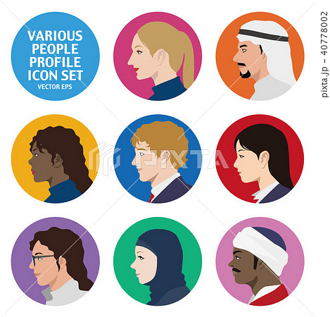 様々な国や人種の男性と女性 横顔アイコンセットのイラスト素材