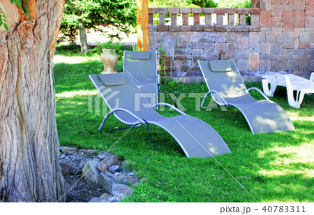 Grey sun loungers in garden Grey sun loungers in garden 40783311
