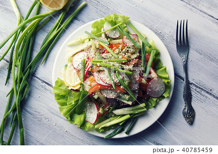 Spring Vegetable Salad on the white plate. Vegan. Spring Vegetable Salad on the white plate. Vegan. 40785459