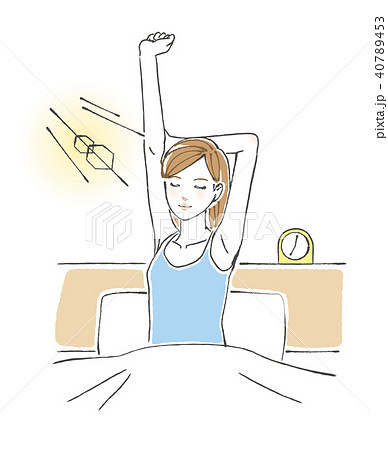 ベッドの上で背伸びをする女性 朝のイラスト素材