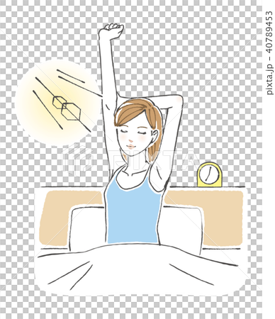 ベッドの上で背伸びをする女性 朝 40789453