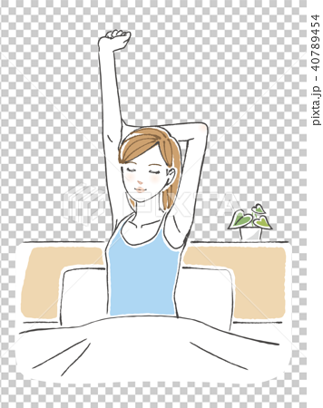 ベッドの上で背伸びをする女性のイラスト素材