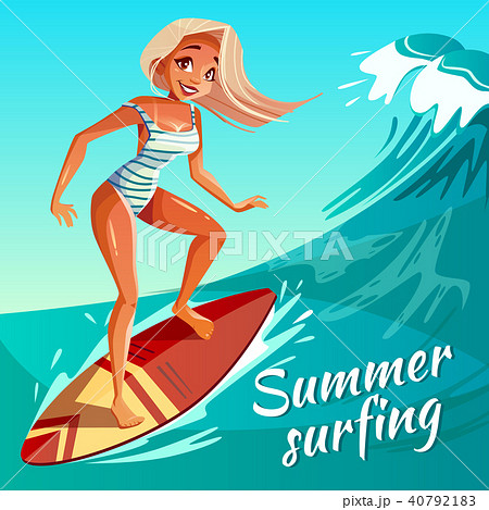 Summer Surfing Girl On Wave Vector Illustrationのイラスト素材