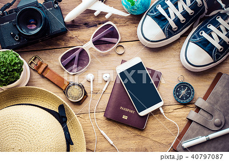 Travel accessories for trip on wood Travel accessories for trip on wood 40797087