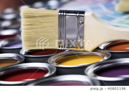 Open paint cans with a brush, Rainbow colors Open paint cans with a brush, Rainbow colors 40802196