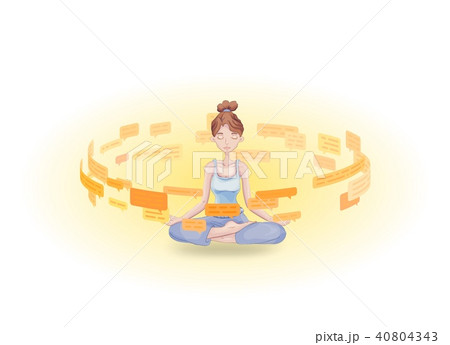 Meditation and digital detox. Meditating woman protected from shower of information. Flat vector 40804343