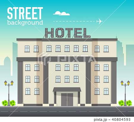 Hotel building in city space with road on flat 40804593