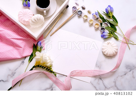 Women's desk. Flat lay, top view. 40813102
