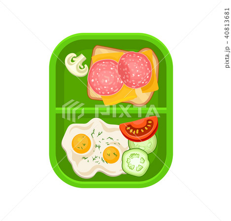 Fried eggs with vegetables and sandwich with cheese and salami on green plastic tray. Tasty food for Fried eggs with vegetables and sandwich with cheese and salami on green plastic tray. Tasty food for 40813681