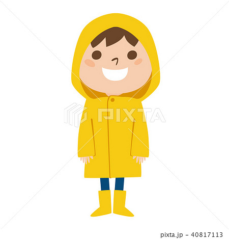 雨の日にレインコートを着て喜んでる男の子のイラストのイラスト素材