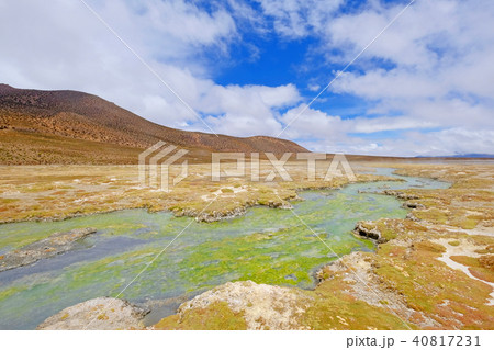 Beautiful landscape of the hot springs Polloquere, Salar De Surire salt lake, Isluga Volcano 40817231