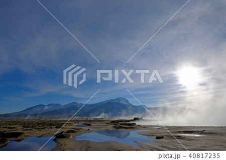 Beautiful landscape of the hot springs Polloquere at dawn, Salar De Surire salt lake, Isluga Volcano 40817235