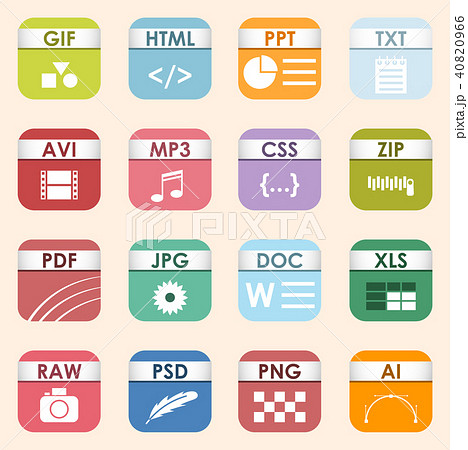 Vector square file types and formats labels icon set. File type format icons presentation document 40820966
