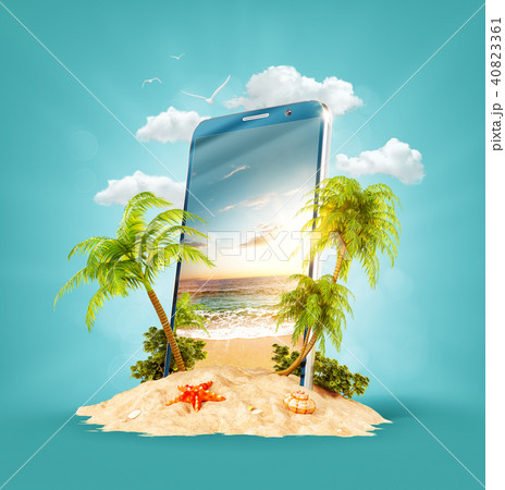 Tropical landscape on the screen of smartphone Tropical landscape on the screen of smartphone 40823361