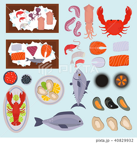 Seafood vector illustration set design flat fish and crab food oyster fresh seafood shrimp menu sea 40829932