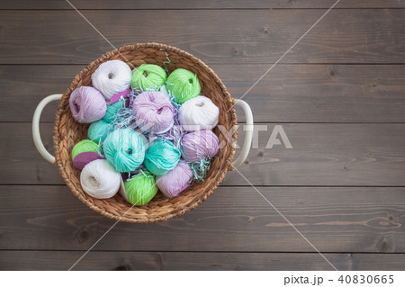Colorful balls of wool and cotton yarn in a basket Colorful balls of wool and cotton yarn in a basket 40830665