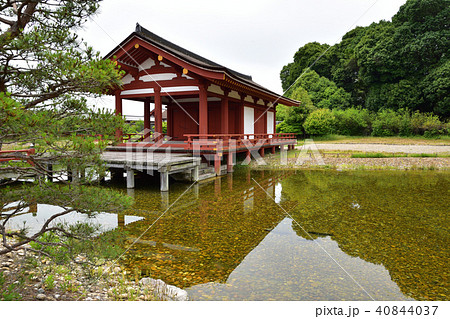 東院庭園 池と青空 の写真素材