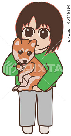 立って犬を抱く女性 柴犬のイラスト素材