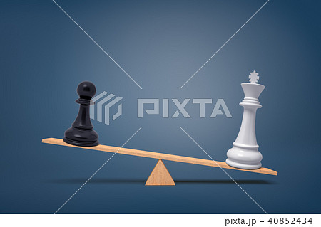 3d rendering of a black chess pawn piece loses to an overweighing white king on a wooden seesaw. 40852434