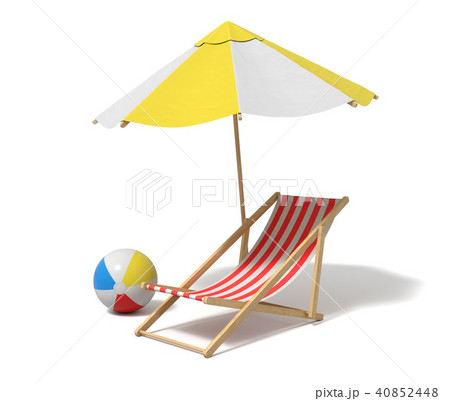 3d rendering of a white and yellow beach umbrella and wooden deck chair. 3d rendering of a white and yellow beach umbrella and wooden deck chair. 40852448