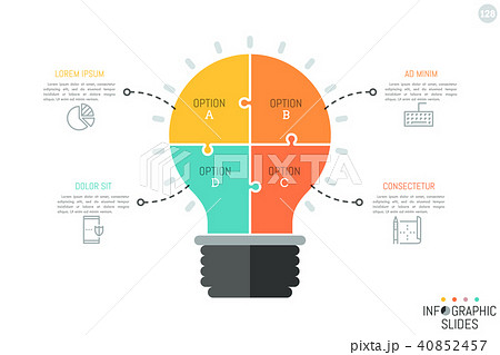 Jigsaw puzzle in shape of light bulb divided into 4 pieces. Minimal infographic design template Jigsaw puzzle in shape of light bulb divided into 4 pieces. Minimal infographic design template 40852457