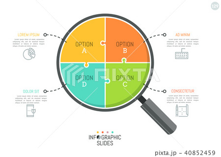 Jigsaw puzzle in shape of magnifying glass divided into 4 parts. Simple infographic design template 40852459