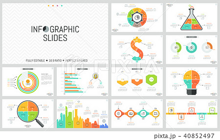 Set of minimal infographic design layouts. Pie and bar charts, jigsaw puzzle diagrams of different 40852497