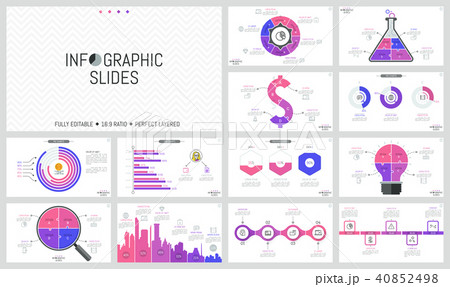 Set of minimal infographic design layouts. Pie and bar charts, jigsaw puzzle diagrams of different 40852498