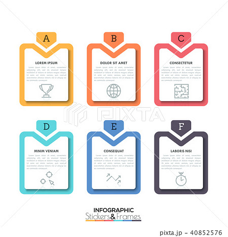 Six colorful rectangular elements with letters, text boxes and thin line icons inside, 6 business Six colorful rectangular elements with letters, text boxes and thin line icons inside, 6 business 40852576