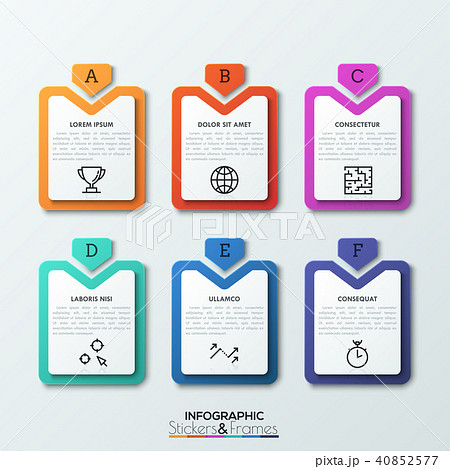 Six multicolored rectangular tags with lettered arrows pointing at them, text boxes and thin line Six multicolored rectangular tags with lettered arrows pointing at them, text boxes and thin line 40852577