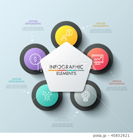 Flower petal diagram with 5 options. Thin line icons inside five round elements placed around white Flower petal diagram with 5 options. Thin line icons inside five round elements placed around white 40852621