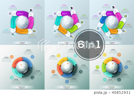 Big bundle of 6 round diagrams with colorful puzzle pieces and rectangular elements placed around 40852931