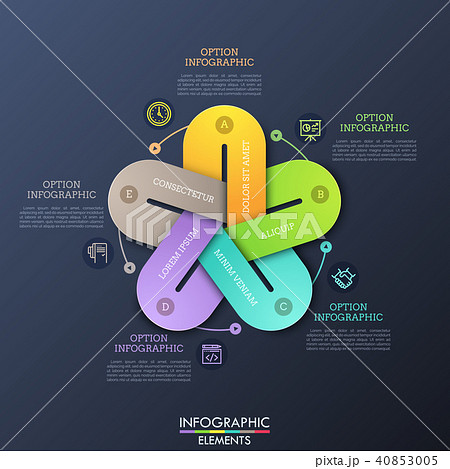 Unusual infographic design layout. 5 colorful elements with gaps connected together, thin line 40853005