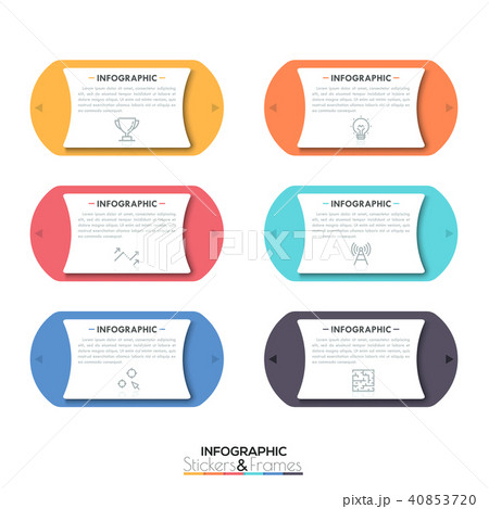 Six rectangular elements with two arrows pointing in opposite directions, thin line icons and text 40853720