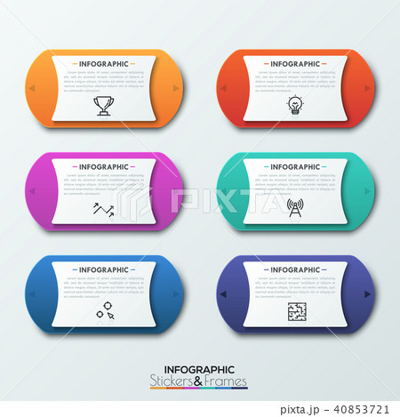 Six colorful rounded elements with two arrows on sides pointing in opposite directions, thin line 40853721