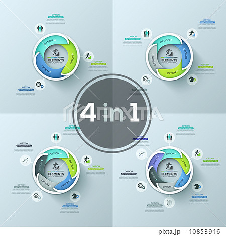 Bundle of four round diagrams with 3, 4, 5 and 6 colorful overlapping elements placed around center 40853946