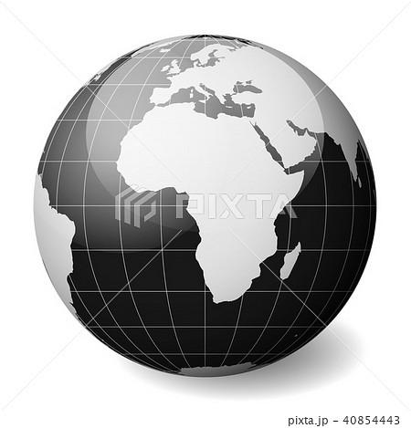 Black Earth globe focused on Africa. With thin white meridians and parallels. 3D glossy sphere 40854443