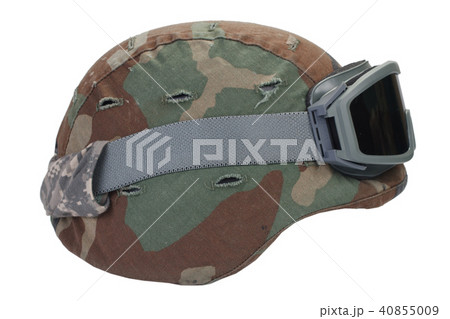 kevlar helmet with a camouflage cover and goggles 40855009