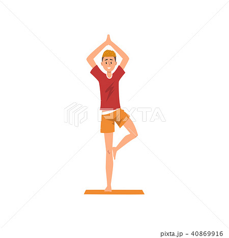Young man doing yoga in a vrksasana position, active healthy lifestyle concept cartoon vector 40869916