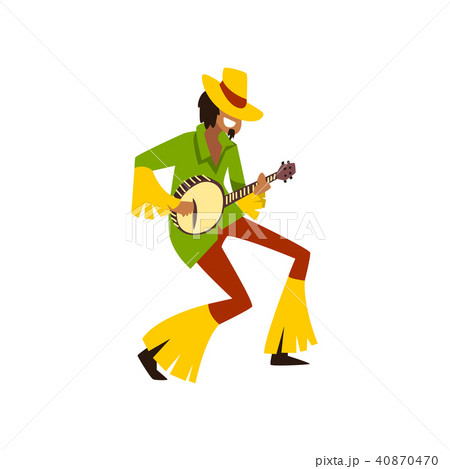 Young man dancing and playing music with banjo at Brazil carnival, male dancer in bright festive Young man dancing and playing music with banjo at Brazil carnival, male dancer in bright festive 40870470