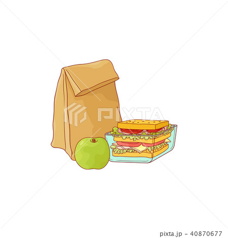 Paper lunch bag and sandwich in plastic container with apple for school or work break 40870677