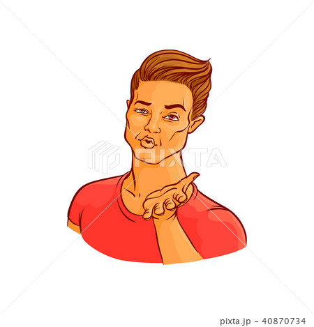 Young man sends air kiss - hand drawn handsome guy holding palm up and showing kissing facial 40870734