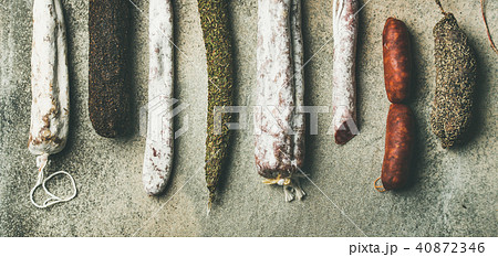 Variety of Spanish or Italian cured meat sausages, wide composition 40872346